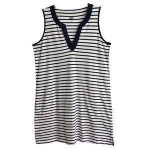NEW Lands’ End Navy Stripe Cotton Jersey Sleeveless Swim Coverup L.